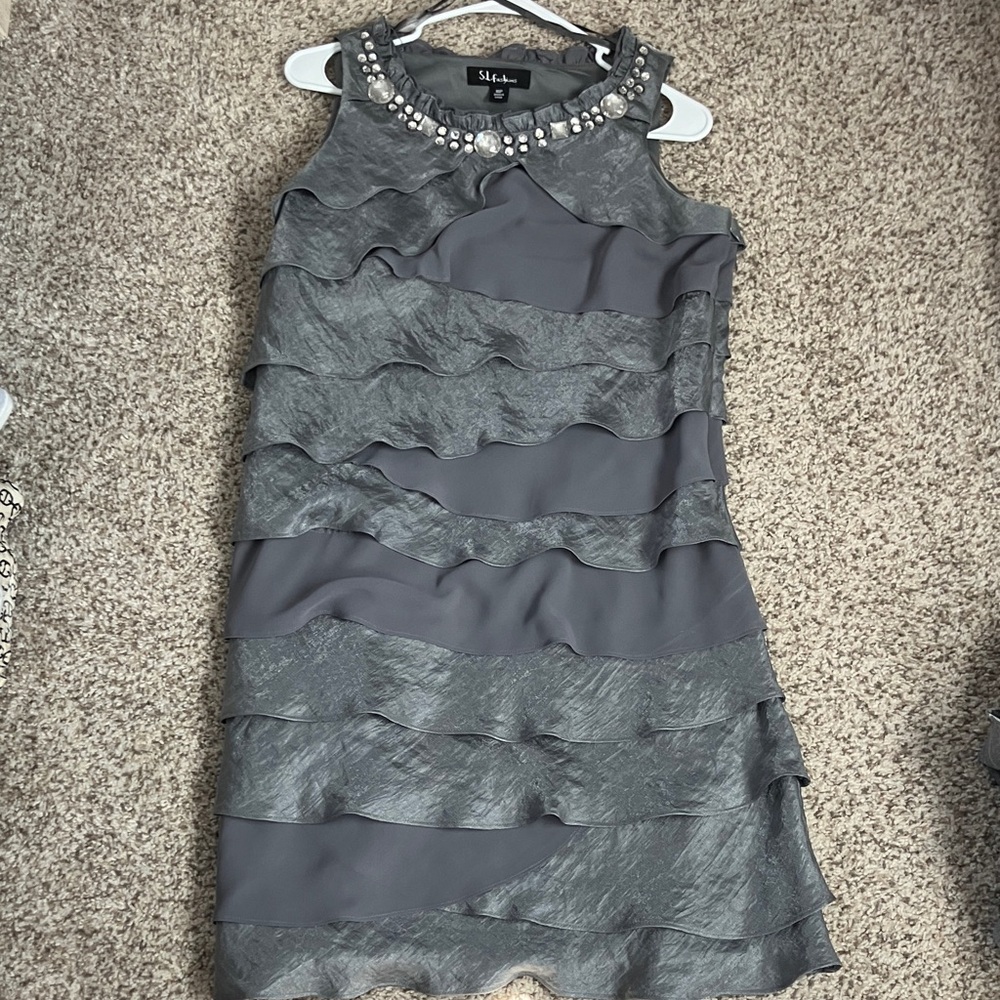 SL Fashions Metallic Gray Embellished Tiered Dress - Picture 7 of 13